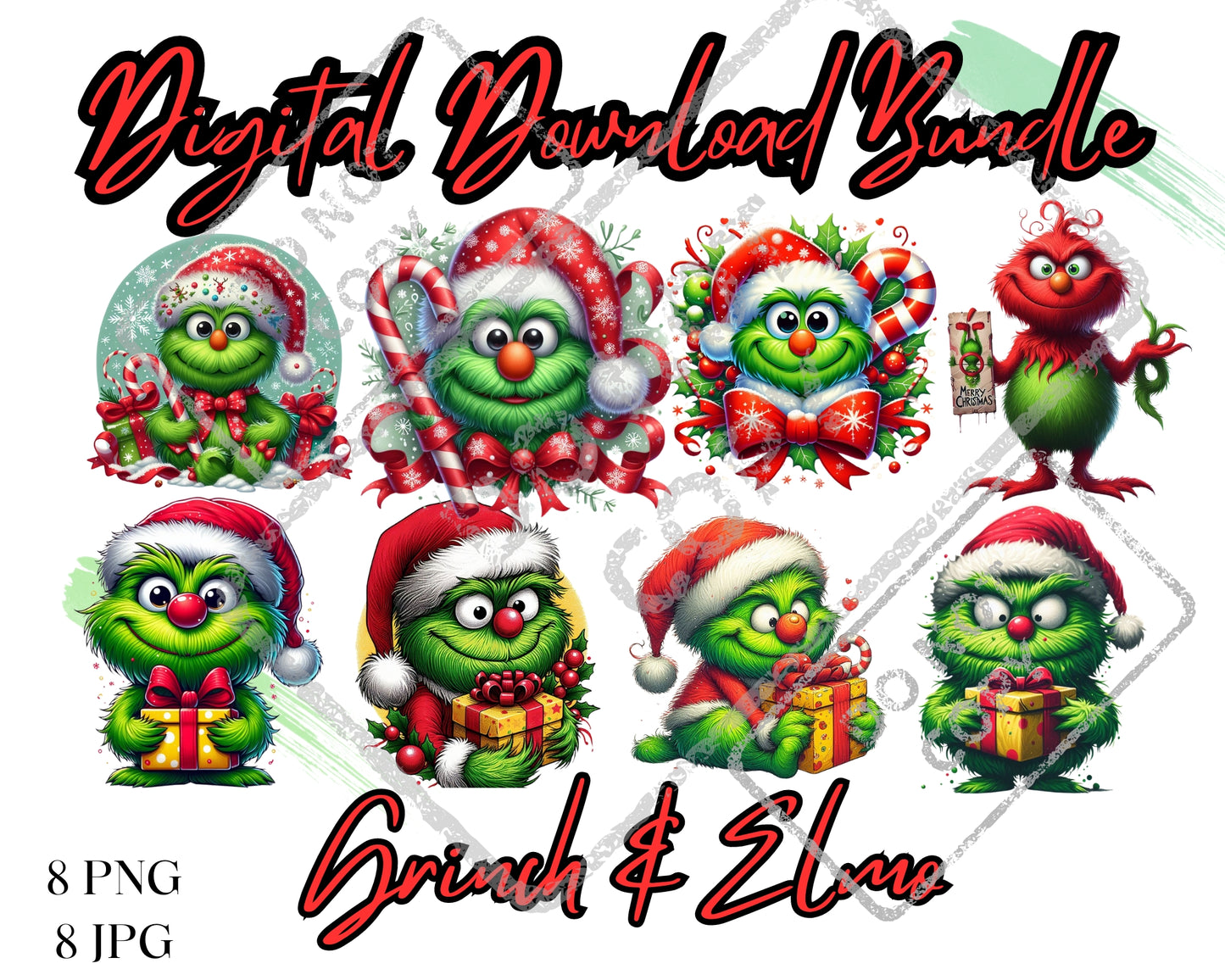 Grinch & Elmo Bundle | Sublimation | Stickers | Grinch Lovers | PNG | JPG | 8 Download Files