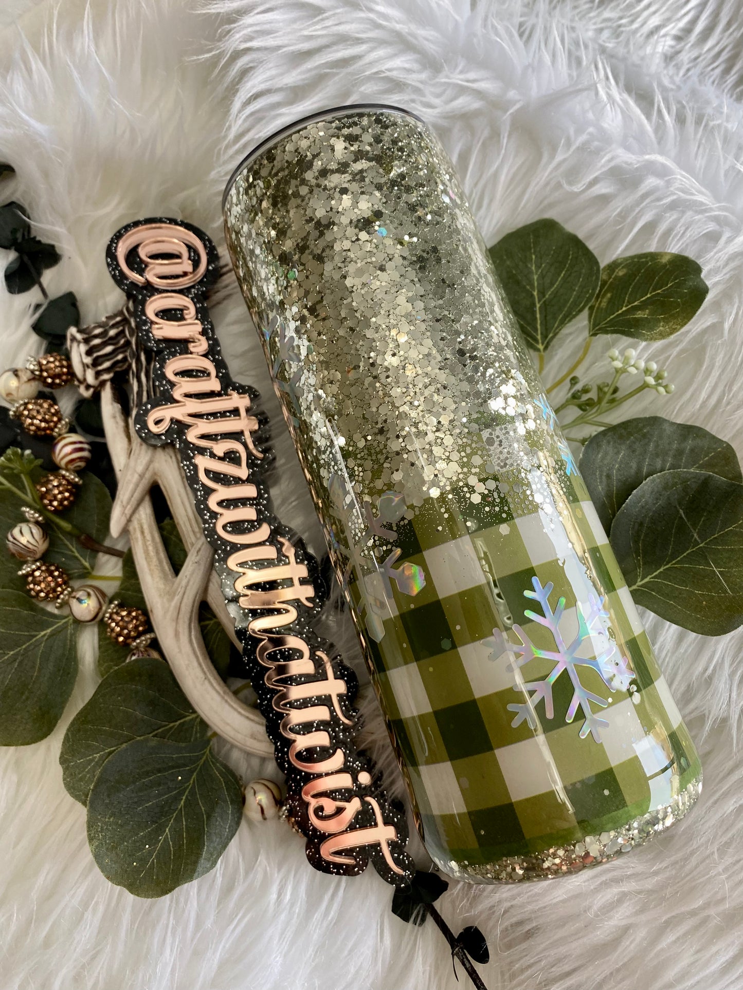 Handmade Glitter Gold & Holographic Snowflakes with Green Plaid | Birthday & Gift Idea | 20 Ounce Tumbler