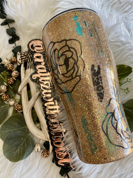 Handmade Distressed Floral Animal Print Glitter | Birthday & Gift Idea | 30 Ounce Tumbler