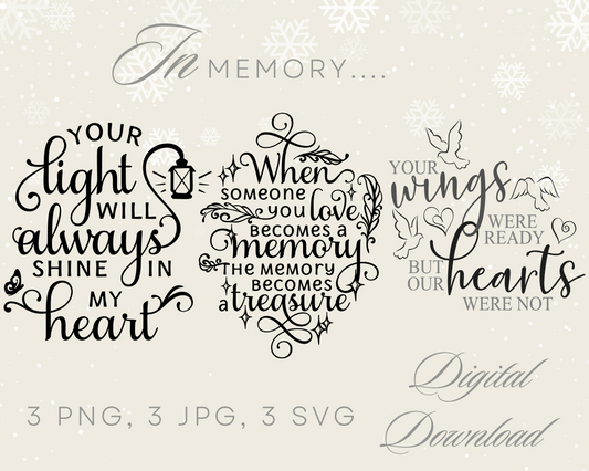 In Memory Quotes | PNG JPG SVG Files | Digital Downloads | Bundle of 3 Quotes